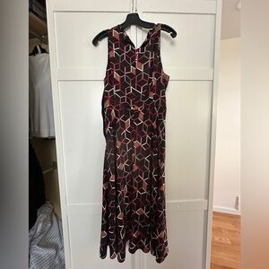 Geometric Patterned Sleeveless Dress - Black and Red and white and brown